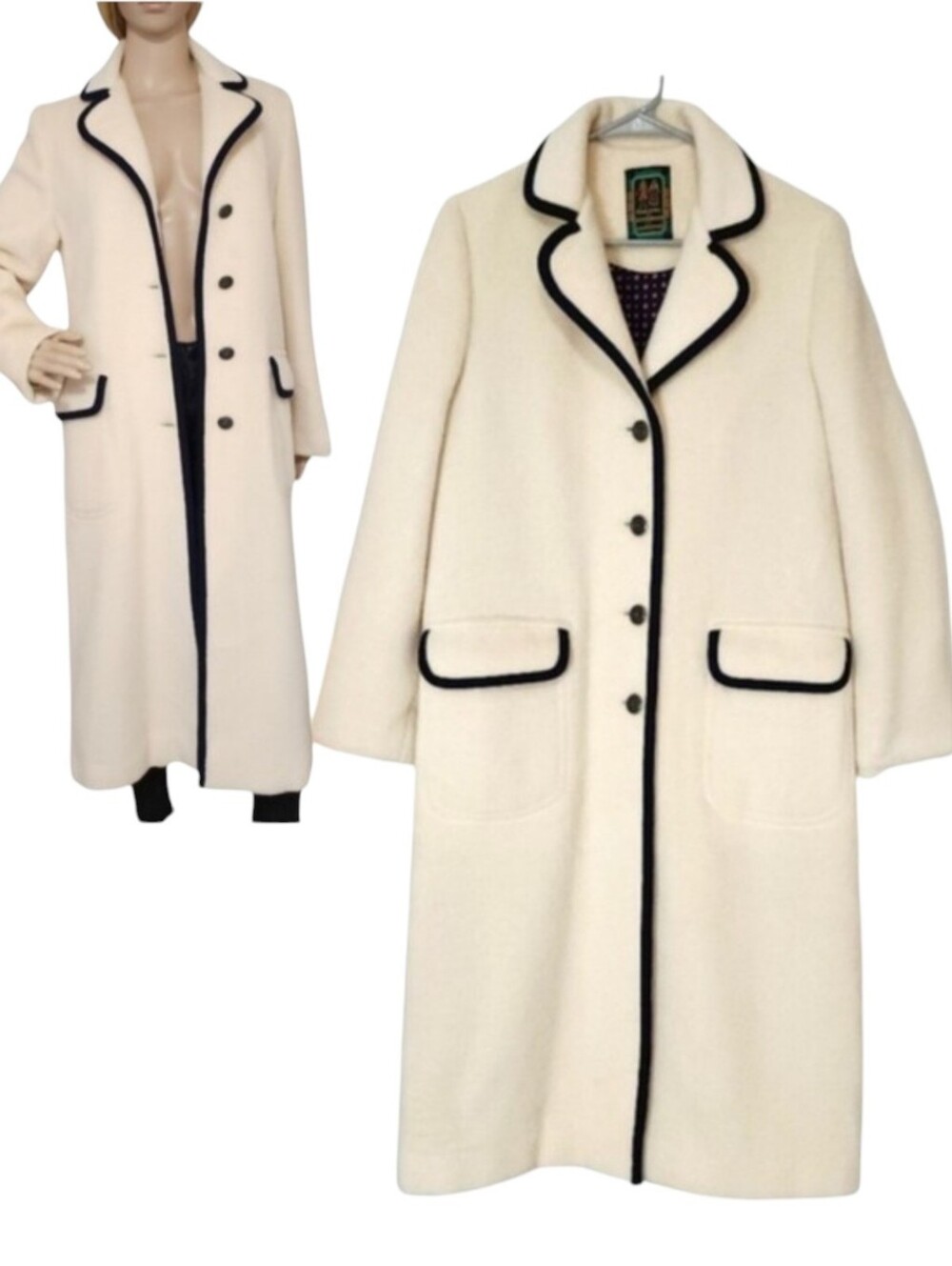 Vintage 70s Trachten Womens Pure Wool Loden Trench Coat Off White Navy Piping S